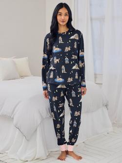 Chelsea Peers Tall Cockapoo Snooze Jersey Long Pyjama Set, Navy, Navy