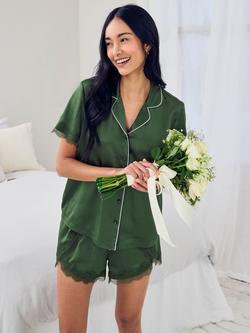 Chelsea Peers Lace Trim Satin Button Down Short Pyjama Set, Khaki