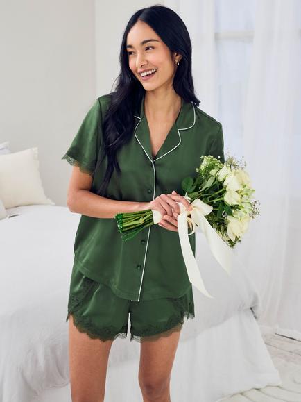 Chelsea Peers Lace Trim Satin Button Down Short Pyjama Set, Khaki