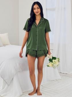 Chelsea Peers Lace Trim Satin Button Down Short Pyjama Set - view 2, Khaki