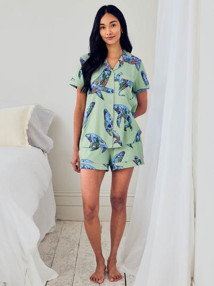 Chelsea Peers Whale Button Down Short Pyjama Set, Turquoise, Turquoise