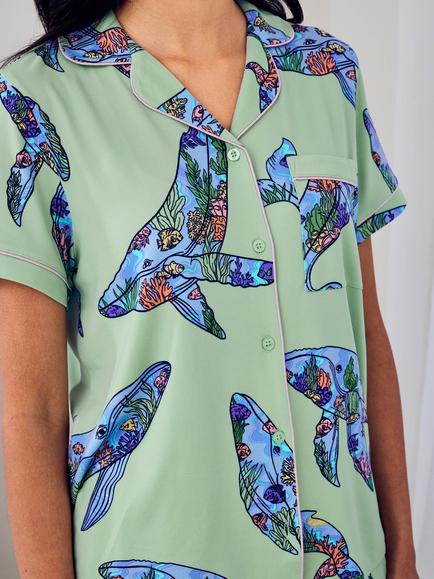 Chelsea Peers Whale Button Down Short Pyjama Set, Turquoise - view 2, Turquoise