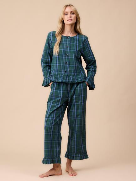 TBCo Tartan Button Through Long Pyjama Set, Green, Green
