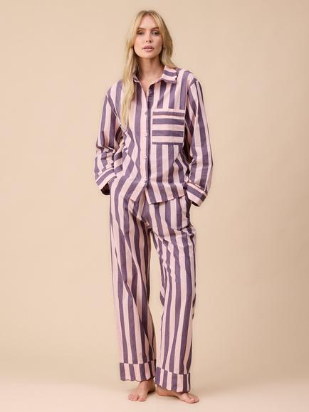 TBCo Stripe Long Cotton Poplin Pyjama Set, Pink/Purple, Pink/Purple