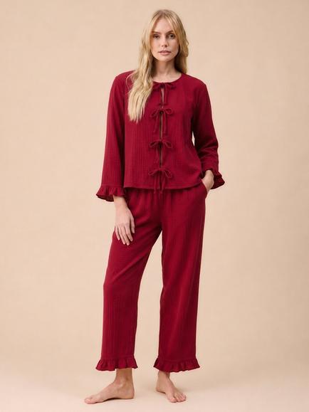 TBCo Ruffle Cropped Cotton Poplin Pyjama Set, Pink, Pink