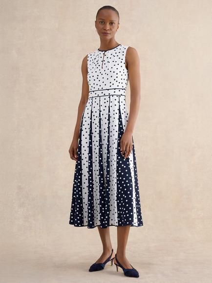 Hobbs Petite Angelica Polka Dot Pleated Dress, Ivory/Midnight, Ivory/Midnight