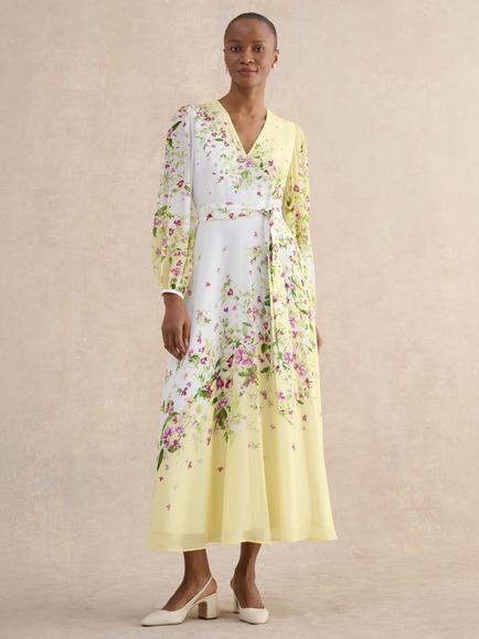Hobbs Petite Ariel Floral Pure Silk Dress, Yellow/Multi, Yellow/Multi