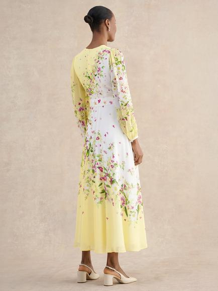 Hobbs Petite Ariel Floral Pure Silk Dress, Yellow/Multi - view 2, Yellow/Multi
