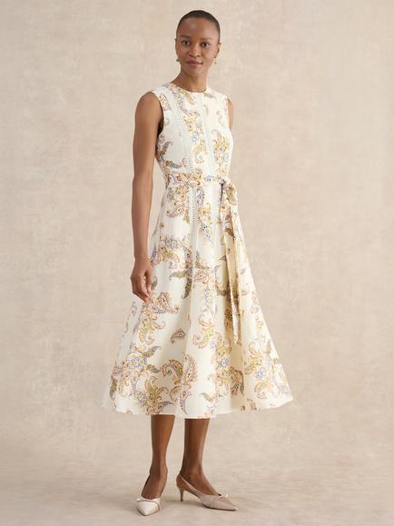Hobbs Petite Uma Paisley Linen Blend Dress, Cream/Multi, Cream/Multi