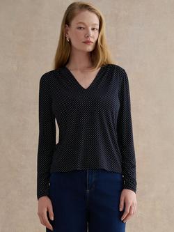 Hobbs Hannah V-Neck Spot Print Top, Navy/Ivory, Navy/Ivory