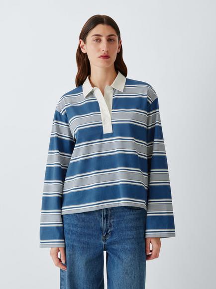 rag & bone Kelly Striped Cotton Polo Shirt, Blue/White, Blue / White