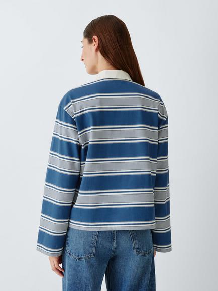 rag & bone Kelly Striped Cotton Polo Shirt, Blue/White - view 2, Blue / White