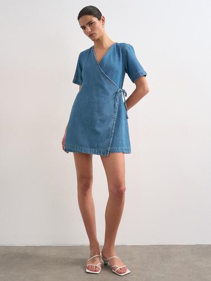 Topshop Denim Wrap Mini Dress, Blue, Blue