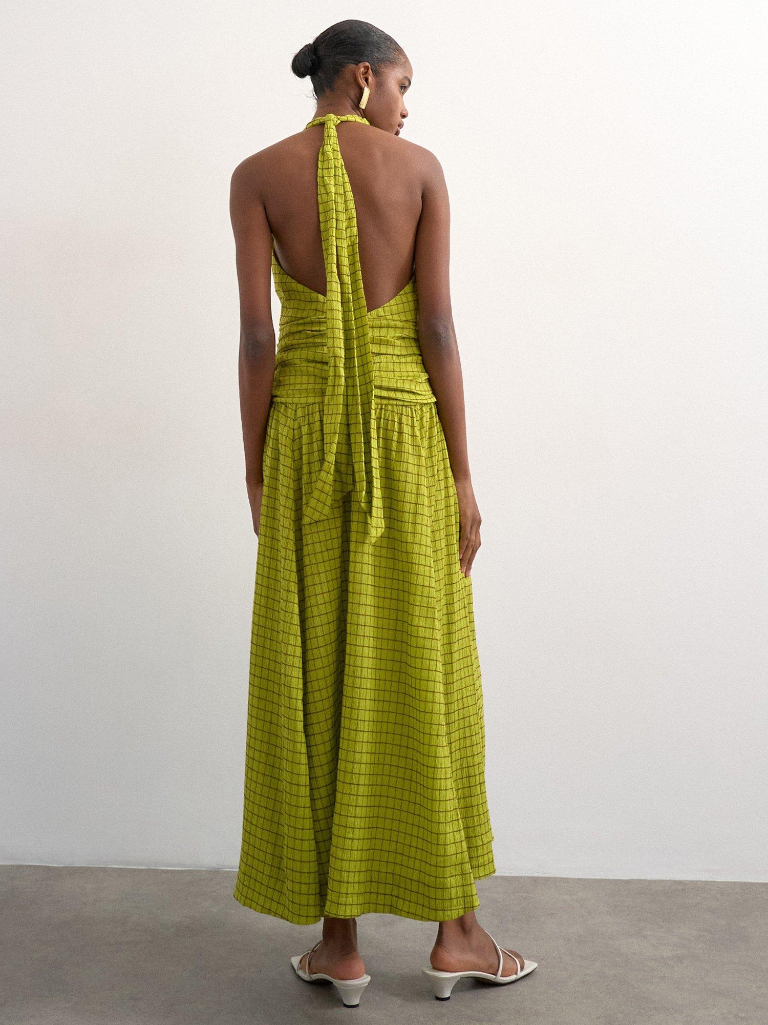 Topshop Halterneck Check Maxi Dress, Green/Brown