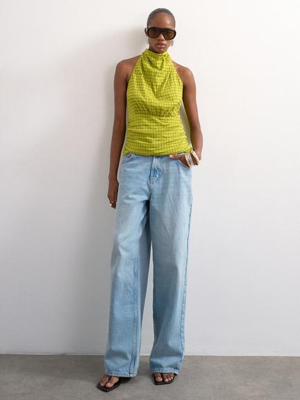 Topshop Halterneck Check Top, Green Check, Green Check