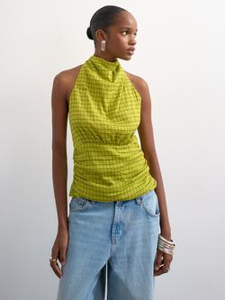 Topshop Halterneck Check Top, Green Check - view 2, Green Check