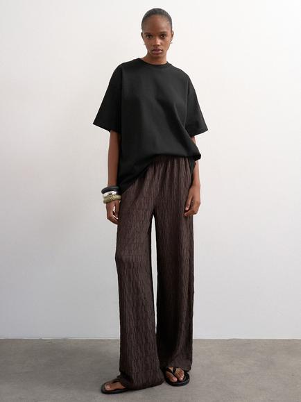 Topshop Crinkle Wide Leg Trousers, Brown, Brown