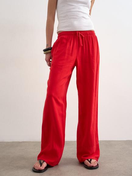 Topshop Straight Linen Rich Trousers, Red