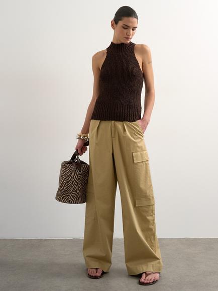 Topshop Wide Leg Tie Waist Cotton Blend Cargo Trousers, Beige, Beige