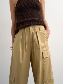 Topshop Wide Leg Tie Waist Cotton Blend Cargo Trousers, Beige - view 2, Beige