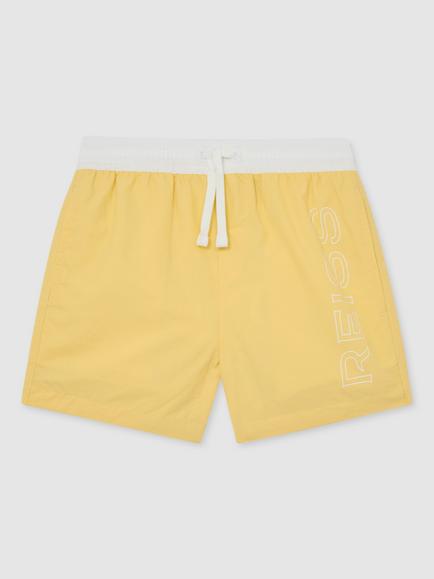 Reiss Kids' Ley Logo Print Drawstring Swim Shorts, Yellow, Yellow