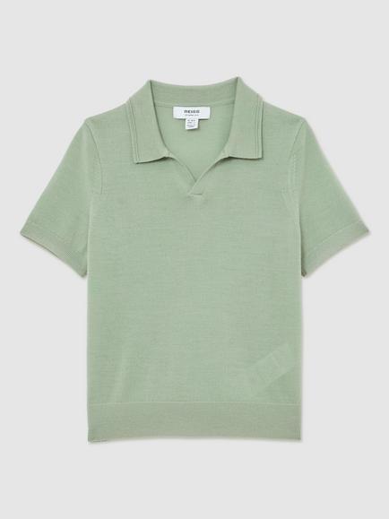 Reiss Kids' Duchie Pure Wool Short Sleeve Polo Shirt - view 2, Sage