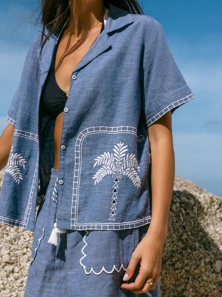 Chelsea Peers Embroidered Chambray Shirt, Blue - view 2, Blue