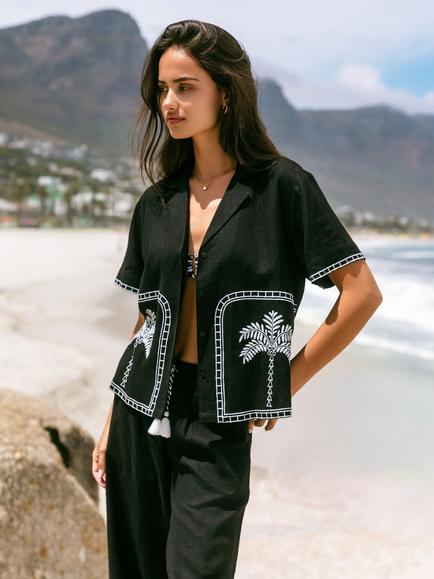 Chelsea Peers Palm Embroidery Button Through Short Sleeve Linen Blend Shirt, Black, Black