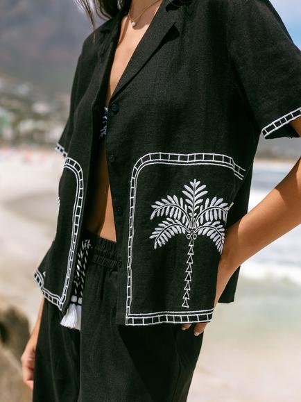 Chelsea Peers Palm Embroidery Button Through Short Sleeve Linen Blend Shirt, Black - view 2, Black
