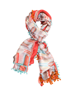 chesca Geometric Pom Pom Trim Scarf, Red/Multi, Red/Multi