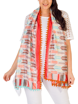 chesca Geometric Pom Pom Trim Scarf, Red/Multi - view 2, Red/Multi