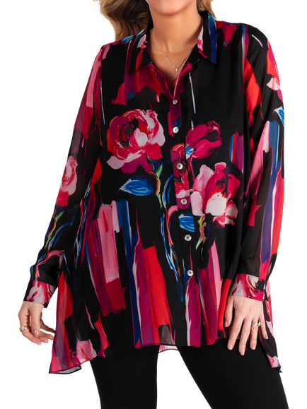 chesca Rose Print Long Sleeve Shirt, Black/Multi, Black/Multi