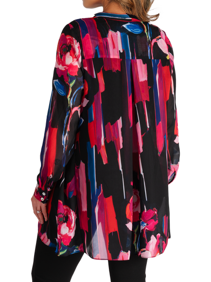 chesca Rose Print Long Sleeve Shirt, Black/Multi - view 2, Black/Multi