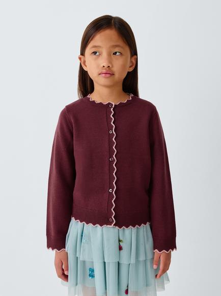 John Lewis Kids' Crew Neck Scallop Trim Cardigan, Red, Red