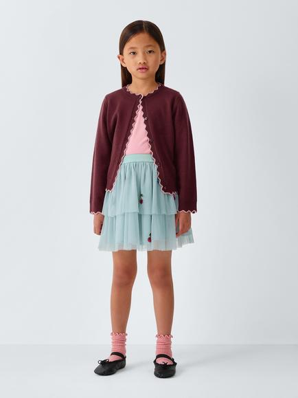 John Lewis Kids' Crew Neck Scallop Trim Cardigan, Red - view 2, Red