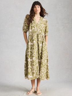 White Stuff Fern Puff Sleeve Linen Rich Midi Dress containing LENZING™ ECOVERO™ Viscose, Green/Multi, Green/Multi