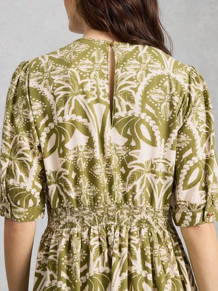 White Stuff Fern Puff Sleeve Linen Rich Midi Dress containing LENZING™ ECOVERO™ Viscose, Green/Multi - view 2, Green/Multi