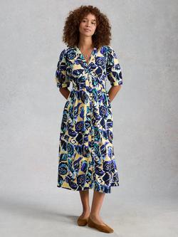 White Stuff Fern Abstract Linen Rich Dress containing LENZING™ ECOVERO™ Viscose, Navy/Multi, Navy/Multi