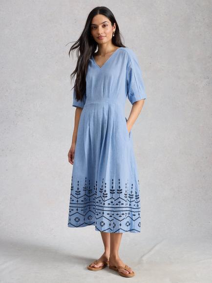 White Stuff Kate Embroidered Midi Dress, Blue, Blue