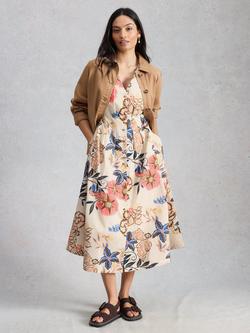 White Stuff Kate V-Neck Seam Detail Floral Midi Dress, White/Multi, White/Multi