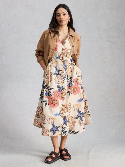 White Stuff Kate V-Neck Seam Detail Floral Midi Dress, White/Multi, White/Multi