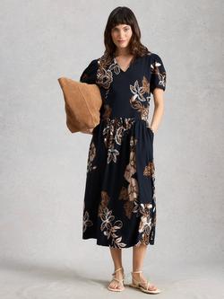 White Stuff Leah Abstract Floral Midi Dress, Navy/Multi, Navy/Multi
