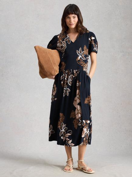 White Stuff Leah Abstract Floral Midi Dress, Navy/Multi, Navy/Multi