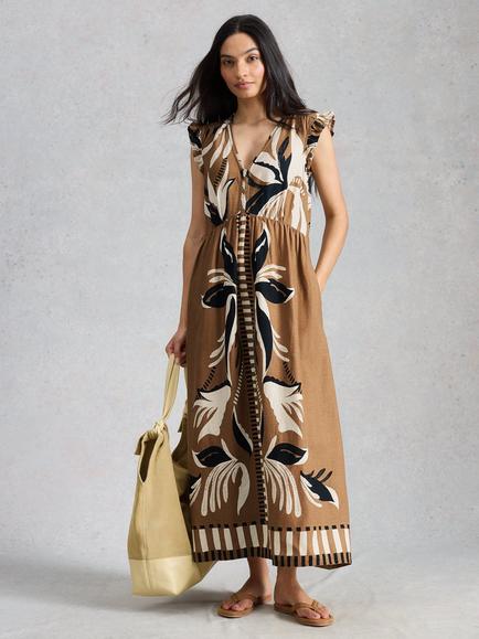 White Stuff Lorna Abstract Floral Maxi Dress containing LENZING™ ECOVERO™ Viscose, Brown/Multi, Brown/Multi