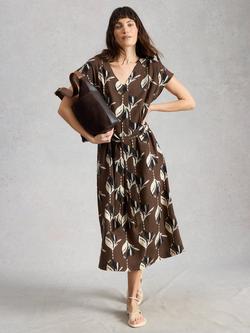 White Stuff Mimi Tie Waist Floral Midi Dress, Brown/Multi, Brown/Multi