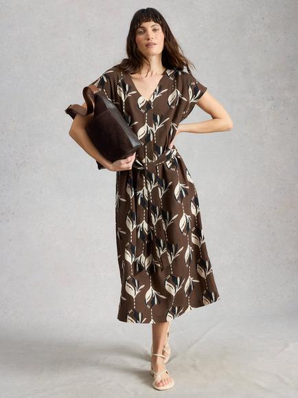 White Stuff Mimi Tie Waist Floral Midi Dress, Brown/Multi, Brown/Multi
