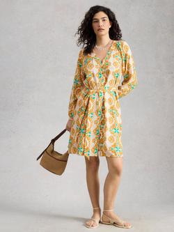 White Stuff Petra Abstract Linen Rich Dress containing LENZING™ ECOVERO™ Viscose, Yellow/Multi, Yellow/Multi