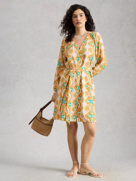 White Stuff Petra Abstract Linen Rich Dress containing LENZING™ ECOVERO™ Viscose, Yellow/Multi, Yellow/Multi