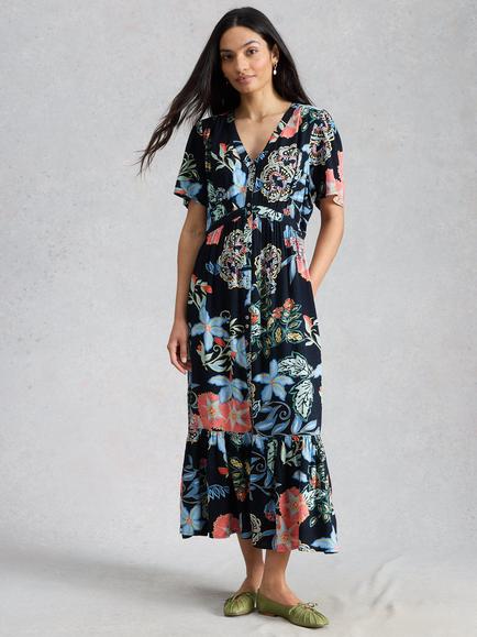 White Stuff Phoebe Abstract Floral Midi Dress, Navy/Multi - view 2, Navy/Multi