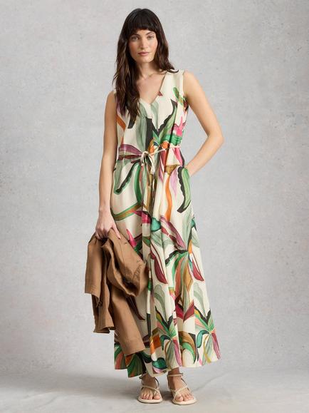 White Stuff Poppy Abstract Floral Linen Rich Dress containing LENZING™ ECOVERO™ Viscose, Yellow/Multi - view 2, Yellow/Multi